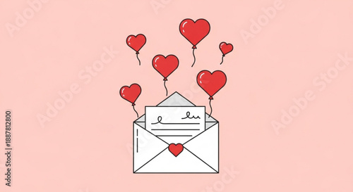 Love letter envelope with heart balloons and romantic pink
