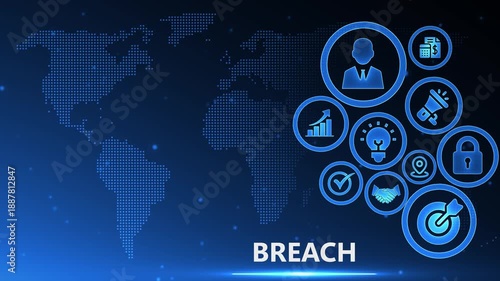 Data Breach Crisis: Global Cybersecurity Concept with Animated Icons on Blue Background for Information Leak and Privacy Violation