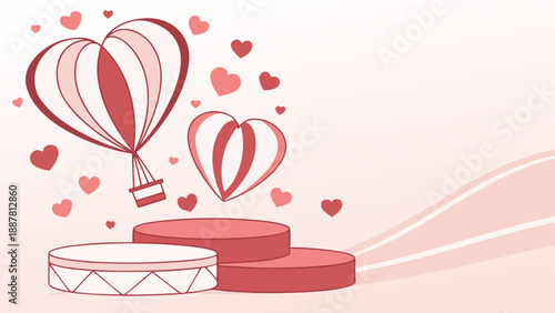 Romantic hot air balloon with hearts and gifts isolated on white background, Vector