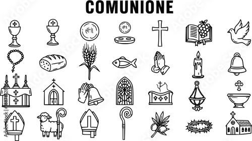 Religious Icons Set: Black and White Line Art Symbols for Communion, Faith, and Christianity