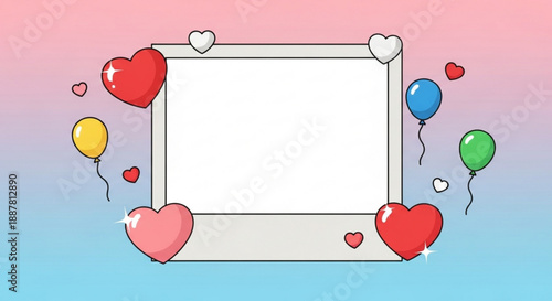 White square frame with hearts and balloons on pink blue gradient