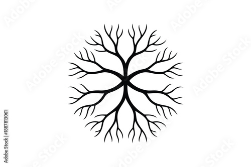 Black and white symmetrical tree with branching roots and limbs