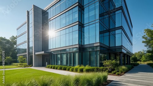 Firefly exploring sleek modern glass office building with innovative architecture and urban design