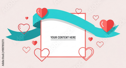 Heart shaped frame with ribbon banner and love hearts decoration