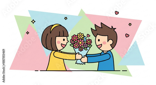 Couple sharing bouquet flowers romantic gesture colorful background