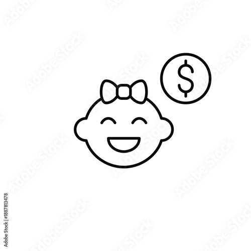 Infant baby girl and dollar. Childcare cost, baby expenses, family budget and shopping. Pixel perfect, editable stroke vector icon