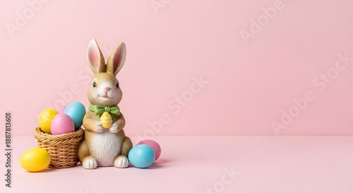 Cute Easter bunny figurine with eggs, minimalist background, commercial style
