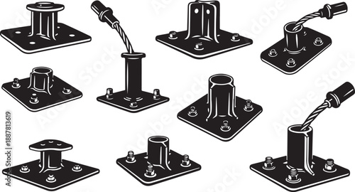 Industrial metal bases with bolts and different attachments