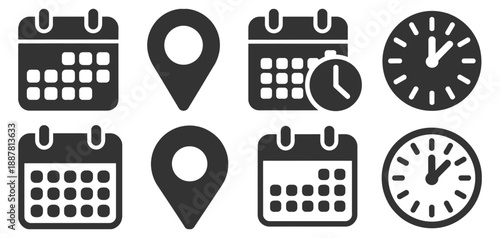 Calendar icon, clock icon, and location pin icon set