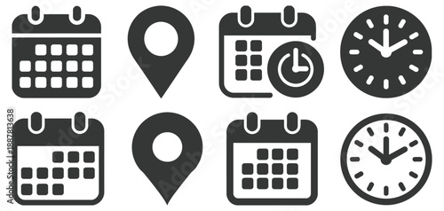 Calendar icon, clock icon, and location pin icon set