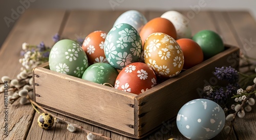 Wallpaper Mural Rustic Easter eggs in wooden box, farmhouse style Torontodigital.ca