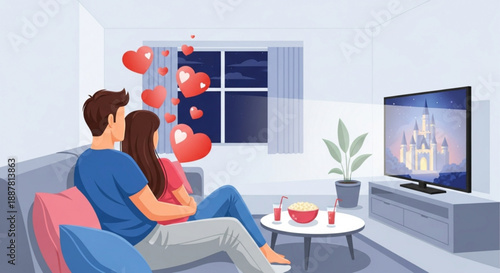 Couple watching romantic movie together on sofa in cozy living room