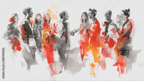 Artistic watercolor illustration of people in conversation at a social gathering event