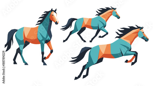 Abstract Geometric Horses in Motion, Orange and Teal Dynamic Design