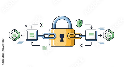 A digital illustration depicts a central yellow padlock securing a blockchain chain with linked data blocks and security icons.