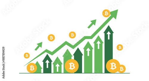 A green line graph illustrates the strong upward trend of Bitcoin cryptocurrency valuation over time.