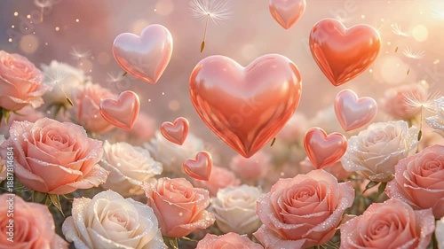 Floating Hearts with Colorful Festive Hearts, heart, love, rose, wedding, marriage life, holiday, family life, wedding journey, married happiness, lifelong partnership, romantic relationship, flower.