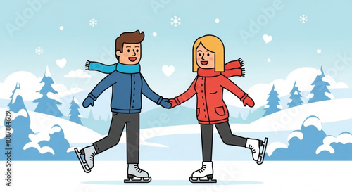 Couple holding hands while ice skating on frozen lake in winter