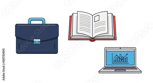 Business, Education, and Technology Icons: Briefcase, Open Book, Laptop with Graph