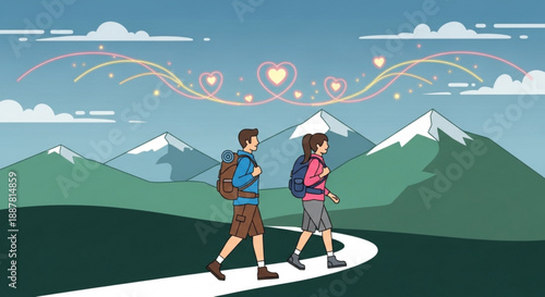 Couple hiking together on a path with mountains and hearts in the sky