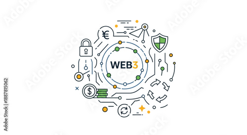 A digital illustration depicts various concepts related to the decentralized finance and non-fungible token ecosystem orbiting a central globe.