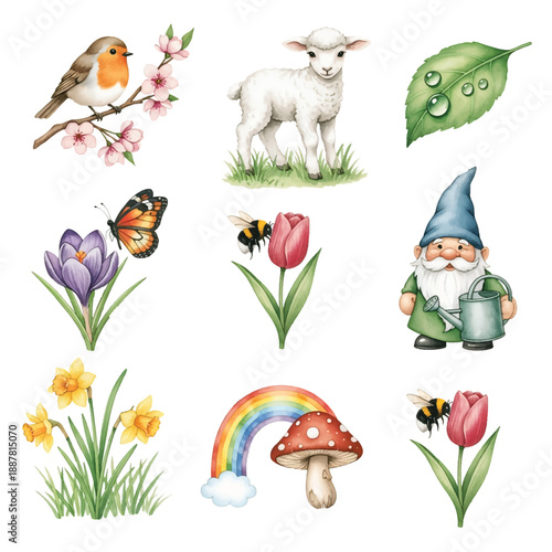 Funny cartoon animals and spring flowers illustration with birds butterflies and cute nature design