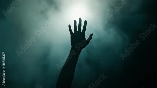 Firefly glowing in a misty forest with a lone hand reaching towards distant light symbolizing hope