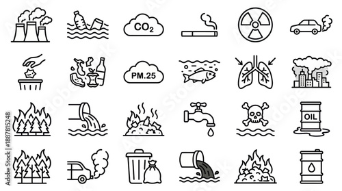 Environmental pollution icons set for ecology and conservation themes