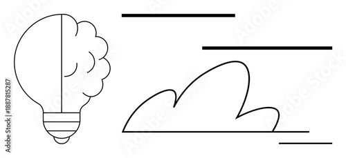 Innovation, creativity, brainstorming, productivity, conceptual thinking, idea generation. Abstract line art of a light bulb and cloud. Innovation and creativity concept