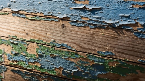 Aged wooden surface with peeling blue paint revealing green and brown layers.