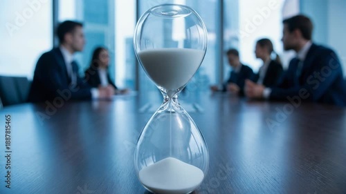 Tense business meeting in modern boardroom with hourglass countdown symbolizing time pressure and decision making