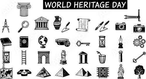 World Heritage Day Black  White Hand-Drawn Line Art Icons Set. Collection of Historical, Cultural, Archaeological, and Educational Symbols.