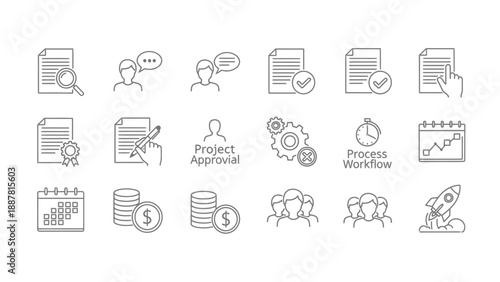 Collection of thin line icons illustrating diverse business concepts including document review process approval team structure workflow and financial milestones