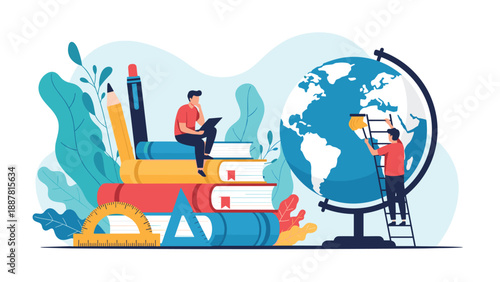 Global education concept with people studying together around a giant world globe with books and large school supplies and pens.