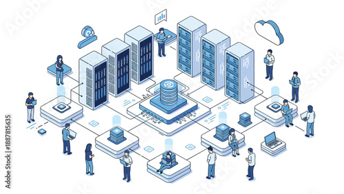 Isometric diagram of a secure data server network with professional people using laptops and connecting to a central cloud storage.