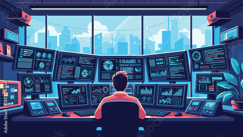 Security analyst monitoring complex data visualizations and network status across multiple computer screens in a dark control center.