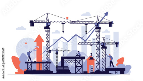 Construction industry development scene with multiple tower cranes building a structure against a background of rising growth charts.