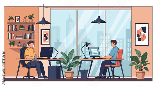 Business colleagues working at separate desks in a modern open plan office with large windows overlooking a metropolitan city skyline.