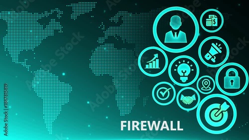 Global Cybersecurity Firewall: Network Security and Digital Data Protection Concept on Teal Map.