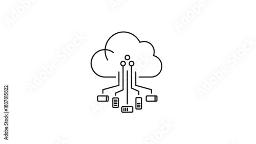 Outline icon representing cloud computing infrastructure connecting various electronic devices through a centralized circuit board pathway for data sharing and processing services