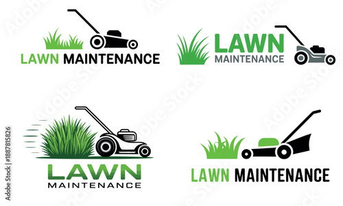 Lawn maintenance service logo with mower illustration
