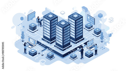 High-tech isometric data center with technicians managing network servers and cloud storage infrastructure for enterprise computing systems.