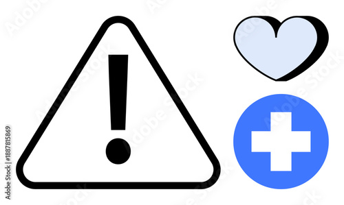 Safety measures, healthcare, emergency, medical services, warnings, first aid. A caution triangle with an exclamation mark, a heart and a medical cross. Safety measures and healthcare focus