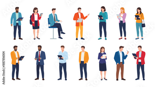 Large collection of diverse professional men and women standing and holding digital tablets or clipboards in various business attire styles.