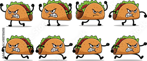 Angry taco cartoon character set, funny food mascot running poses, fast food illustration, expressive emotions, colorful vector collection