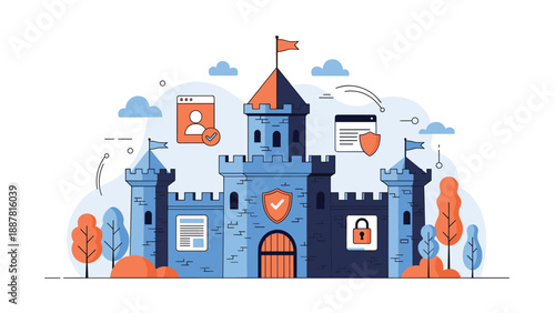 Fortified digital castle illustration representing enterprise network security systems, firewalls, and advanced data protection protocols.