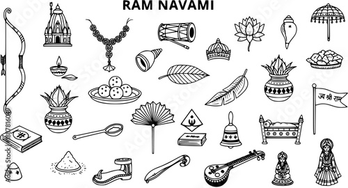 Ram Navami Hindu Festival Icons Collection in Black and White Line Art Style
