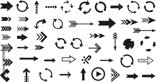 Arrow icon collection featuring refresh loops direction symbols straight curved dotted arrows navigation elements play icons rotation signs bold vector design set