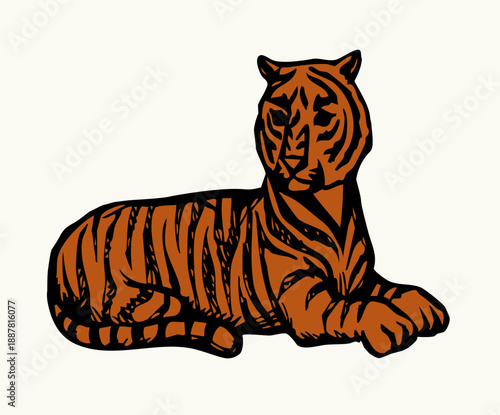 Vector drawing. The tiger lies on the ground