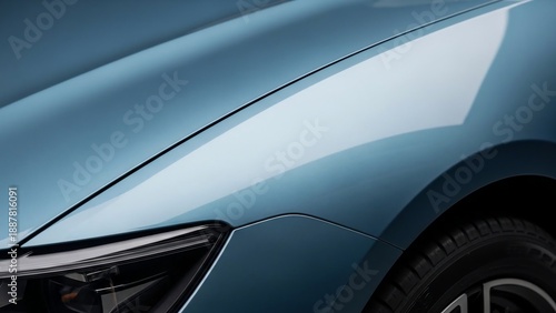 Close-up of a blue car's front fender and wheel.